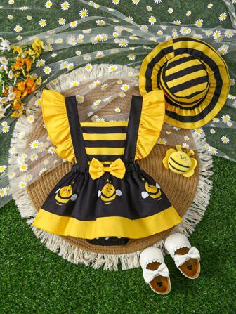 嬰兒女孩褶邊肩帶蜜蜂印花連體裙裝與帽子