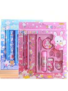 9 Stück/Set Koreanischer Stil Cartoon Schreibwaren Set Geschenkbox, kreative Schul-Zubehör Geschenke, beinhaltet Bleistifte, Anspitzer, Radiergummi, Lineal, Kugelschreiber usw., geeignet als Party-/Weihnachts-/Geburtstaggeschenk