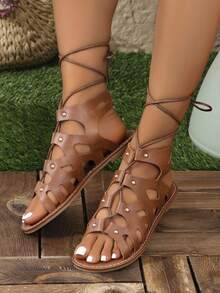 女神般轻盈棕色平底罗马凉鞋，女士，2024 年夏季新品，前系带，露趾，高帮，镂空 - 棕色 - 查看 5