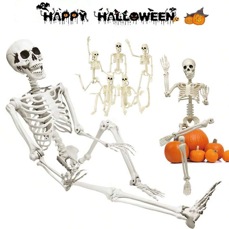 10 bộ đồ trang trí Halloween hình bộ xương có thể uốn cong 16", đạo cụ hình bộ xương bằng nhựa cho sân, vườn, trang trí nhà ma - Màu be - Xem 1
