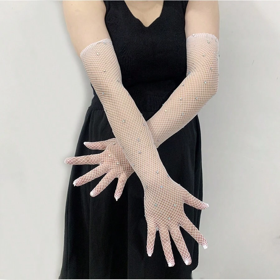 1對修長彈性閃亮鑽石魚網手套，適用於夜店派對、歌劇、角色扮演、電子音樂節、萬聖節、鋼管舞、表演舞蹈等場合 - 白色 - 查看 1