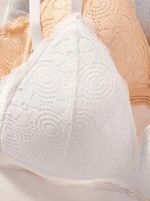 5 PIEZAS Sujetador tipo bralette cómodo y suave de encaje sin varillas, ropa interior de color sólido