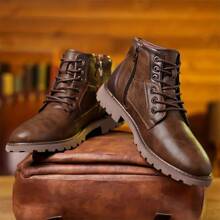 新款男士中筒靴一對，復古工作靴，英國風格，時尚防滑，適用於摩托騎行靴 - 棕色 - 查看 2