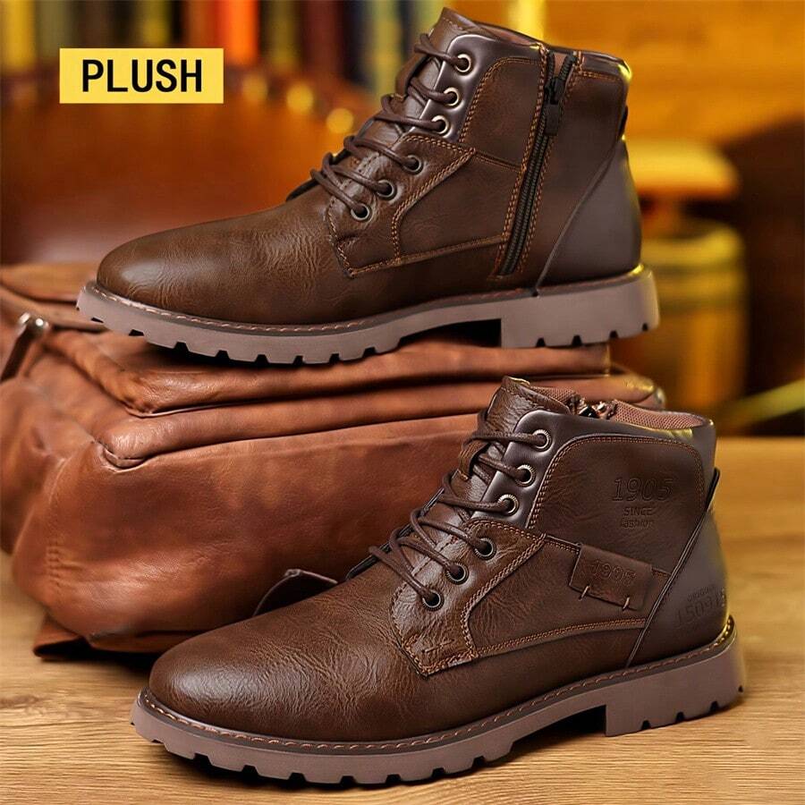新款男士中筒靴一對，復古工作靴，英國風格，時尚防滑，適用於摩托騎行靴 - 棕色 - 查看 1