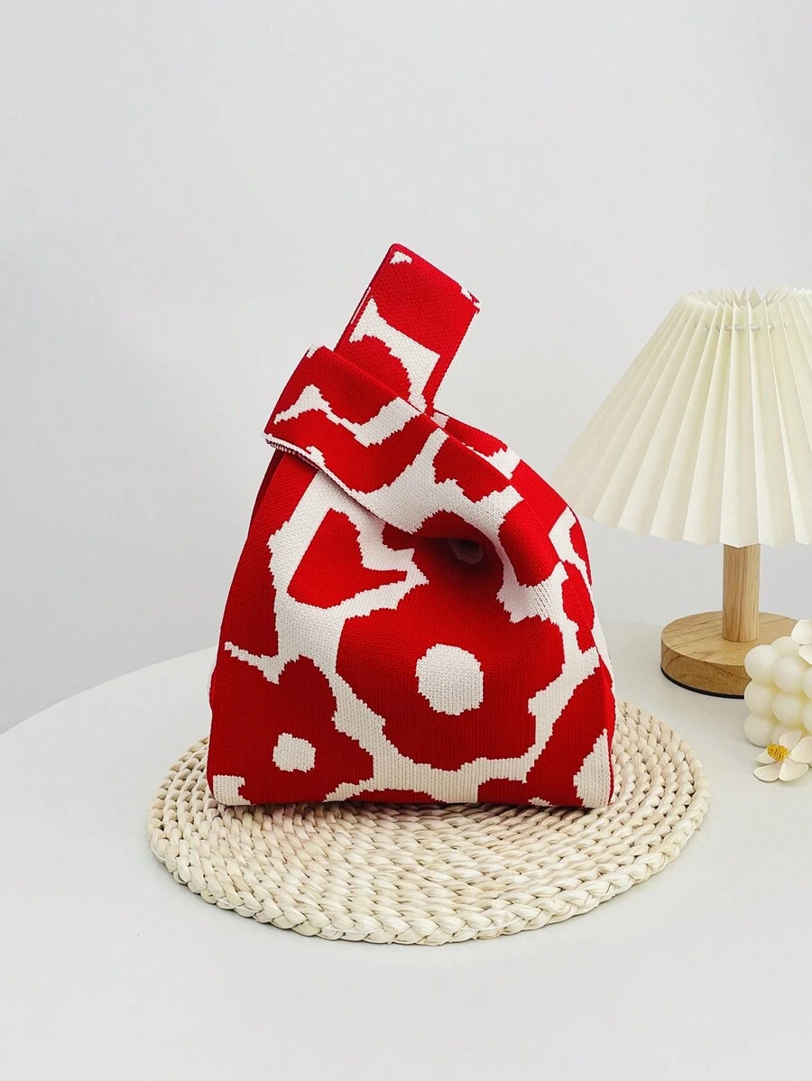 lulu kewen 1pc Floral Pattern Crochet Handbag, Mini Crochet Tote Bag, Floral Design, Crochet Knit, Breathable & Lightweight, Foldable, Pockets