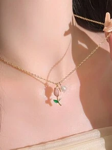 Conjunto de 3 piezas de joyería de moda para mujeres y niñas, con collar con colgante de flor de tulipán, pendientes y collar de perlas falsas de cadena choker para fiesta y regalo - traje - Ver 3