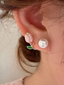 Conjunto de 3 piezas de joyería de moda para mujeres y niñas, con collar con colgante de flor de tulipán, pendientes y collar de perlas falsas de cadena choker para fiesta y regalo - traje - Ver 4