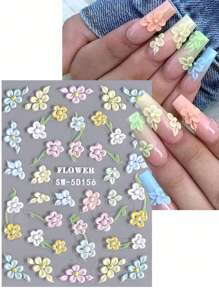 1入組繽紛色彩花朵5D浮雕指甲貼紙，亞克力花瓣葉片雛菊花卉印花DIY凝膠美甲自粘雕刻貼紙指甲藝術裝飾 - 彩色 - 查看 2