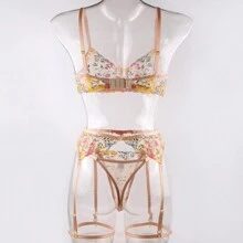 (隨機花朵圖案)性感刺繡吊襪帶內衣套裝 - 杏色 - 查看 6