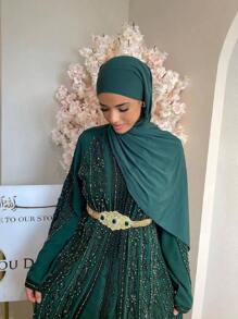 1pc Soft Solid Color Head Scarf, Jersey Hijab, Arabic Turban - Green - View 2