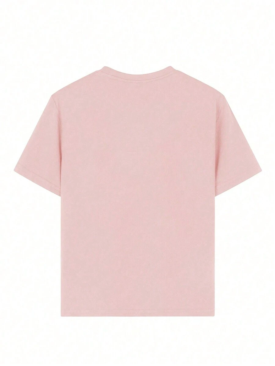 1pc Tween Girls Casual Printed Round Neck Pullover Short Sleeve T-Shirt, Summer Student Fashion - Pink - View 1
