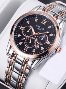Reloj de lujo de negocios para hombre ORUSS, reloj deportivo impermeable de cuarzo con calendario y acero inoxidable para hombre, brilla en la oscuridad - Negro - Ver 1
