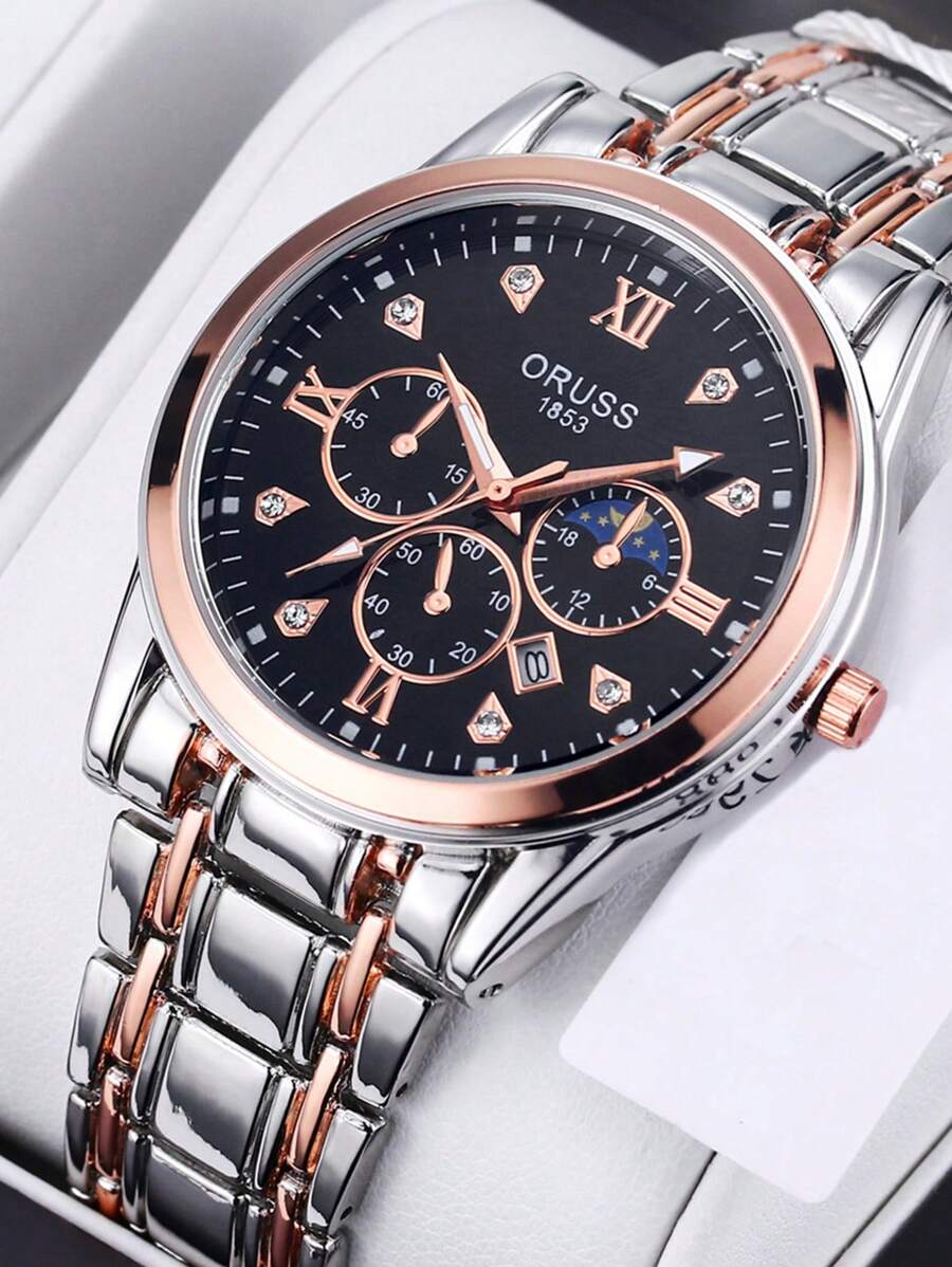 Reloj de lujo de negocios para hombre ORUSS, reloj deportivo impermeable de cuarzo con calendario y acero inoxidable para hombre, brilla en la oscuridad - Negro - Ver 1