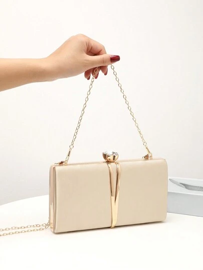 女士晚宴手拿包新娘婚禮金色緞面時尚金屬V形裝飾錢包晚宴舞會帶可拆卸金屬鏈肩背手拿包，夜店手拿包，多功能閃爍手拿包，酒會婚禮新錢包禮包