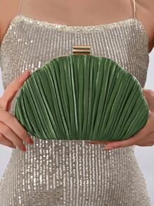 Pleated Satin Box Clutch For Evening Party, Prom, Formal Occasions With Chain Strap, Wedding Bag - Green - View 4