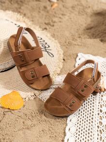 1pair Unisex Kids' Breathable Rivet Soft Bottom Sandals With Open Toe, Fashionable Flat Beach Shoes - Brown - View 5