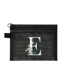 1个黑色网眼袋，雏菊图案，可定制字母A-Z，透明网眼化妆品收纳袋，多功能旅行便携袋，护肤品和化妆品收纳袋，学生文具袋，网眼拉链袋，旅行化妆品包装收纳袋，简约时尚，适合珠宝收纳、住宿、旅行、商务、游泳和家居收纳。 - 黑色 - 查看 17