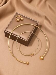 1入時尚極簡領型項鍊，環形手鐲戒指套裝，適用於女性日常穿戴和服裝搭配珠寶 - 金黃色 - 查看 2