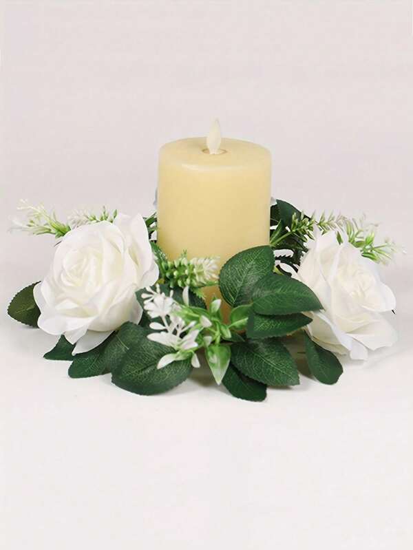 1pc Fake Candle Rings, Artificial Silk Rose Wreath Candles Wreaths, Small Floarl Farmhouse Wreath For Door Wedding Arrangement, Bridal Bouquet, Centerpiece, Garden, Yard, Wedding, Birthday, Shower Decor, Aesthetic Room Decor, Home Decor,Christmas Gift,Christmas