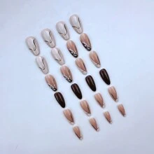 24入組指甲藝術套裝，帶有長尖頭，復古白色葉子和金線與閃粉，非常適合女性貼上指甲和美甲用品 - 彩色 - 查看 3