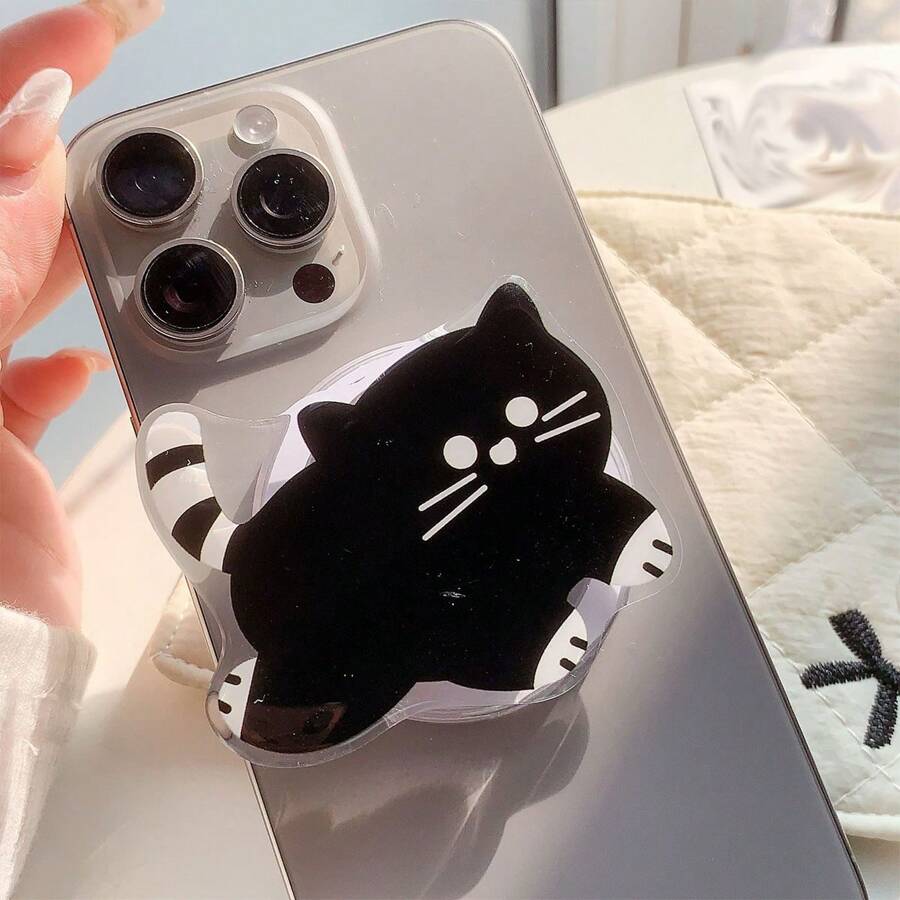 可爱猫咪黑色手机支架指环可折叠兼容 兼容三星通用配件，可爱黑猫亚克力手机支架，卡通粘性懒散桌面支架适用于智能手机兼容 、Android 手机，生日、家庭、朋友的礼物推拉式手机握把，手机配件 - 彩色 - 查看 1