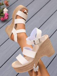 女士精致高台 Z 型带露趾坡跟凉鞋，适合休闲、派对、用餐，稳定防滑，易于穿着，适合夏季和秋季 - 白色 - 查看 4