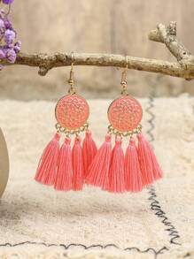 TopHanqi Bohemian Vacation Style Gold Round Alloy, Oil Painting Solid Color Textile Travel Earrings Set. Simple, Personalized And Fashionable, Suitable For Women's Daily Life, Work, Live Stream, Travel, Street Snap, Beach Wear. Can Be Matched In Spring, Summer, Autumn And Winter. Versatile And Universally Flattering. - Multicolor - View 2