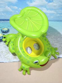 1 pieza Anillo de natación de PVC con forma de rana de dibujos animados linda, flotador de piscina con forma de animal y toldo parasol - Verde - Ver 3