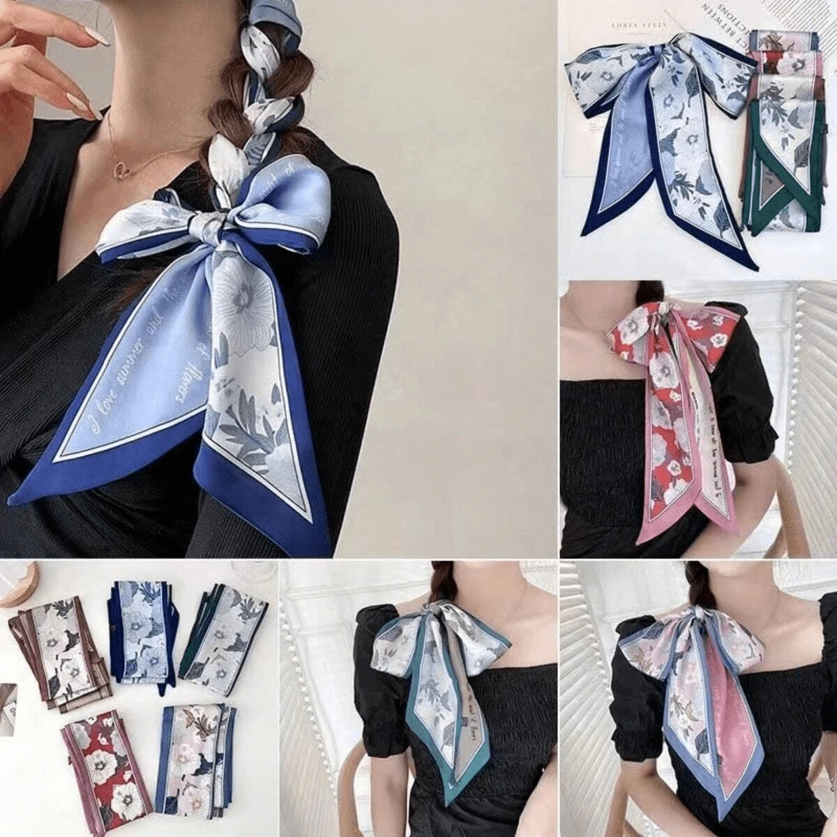 5 件女士蝴蝶结发圈，花朵图案丝巾头带，时尚百搭，适合春秋万圣节情人节 - 彩色 - 查看 1