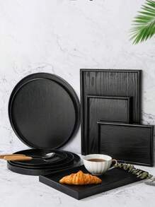 1 件装黑色木质圆形托盘，用于盛放食物、蛋糕、沙拉、水果、寿司、饮料、牛排、披萨、木纹纹理哑光饰面拼盘，适用于咖啡馆、家庭、甜点、茶、面包、小吃和杯子、厨房、圣诞礼物 - 黑色 - 查看 9