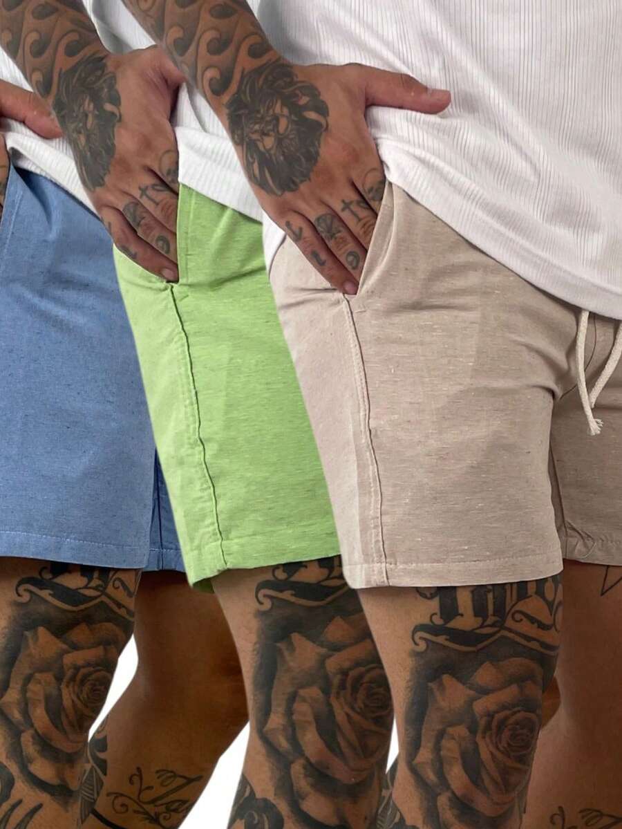 Kit Com 3 Shorts Curto De Linho Estilo Mauricinho