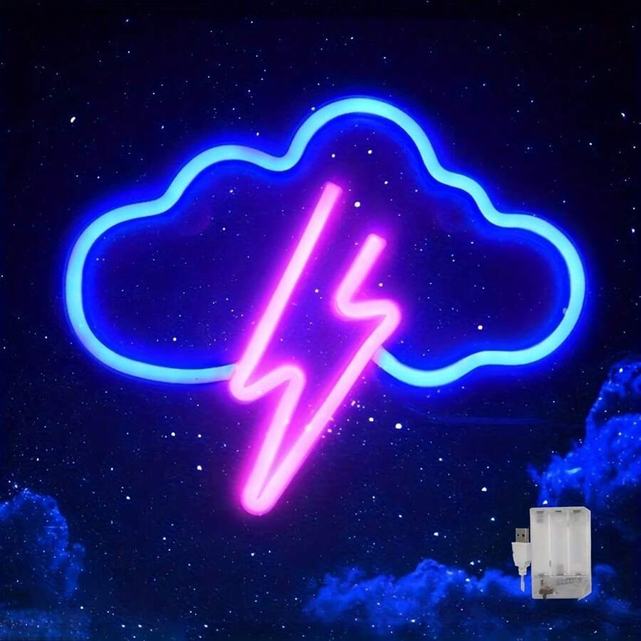 1入組閃電雲LED霓虹燈，USB/電池供電霓虹燈，適用於臥室裝飾、婚禮裝飾、生日裝飾、派對裝飾、婚禮用品、遊戲室裝飾、家居裝飾、牆面裝飾 - 彩色 - 查看 1