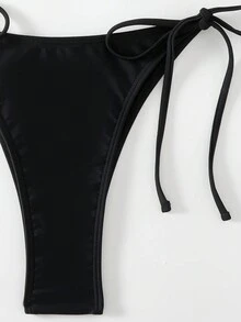 New Style Floral Solid Color Two-Piece Bikini Set With Spaghetti Strap Spaghetti Strap Top For Hot Springs Vacation Summer - Black - View 4