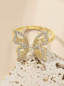 1pc Copper Inlaid Diamond Hollow Butterfly Ring - Yellow Gold - View 3