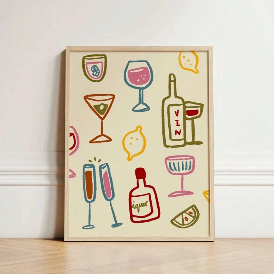 1 Stück, Drink Gläser Muster, Bunter Wein Muster, Retro Wandkunst, Küchen Wanddrucke, Ästhetik Dekoration, Galeriewand, Wohninspiration, 50*70cm (19.7*27.5in) ungerahmt - Verschiedenfarbig - Übersicht 1