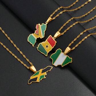 1pc Colorful Flags Nigeria Ghana Jamaica Guyana Maps Stainless Steel & Enamel Pendant Necklaces National Jewelry