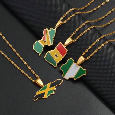 1pc Colorful Flags Nigeria Ghana Jamaica Guyana Maps Stainless Steel & Enamel Pendant Necklaces National Jewelry