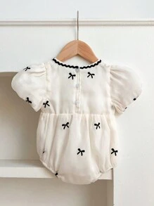 女婴夏季休闲蝴蝶结印花泡泡袖连体衣 - 杏色 - 查看 2