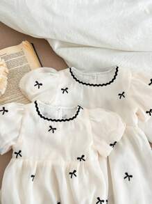 女婴夏季休闲蝴蝶结印花泡泡袖连体衣 - 杏色 - 查看 3