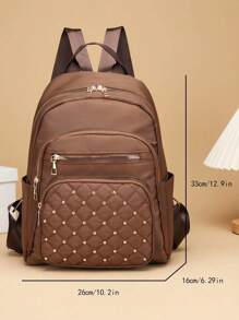 Quilted Zipper Backpack Purse,Classic Studded Decor Daypack,Women's Stylish Preppy School Bag & Book Bag,School Bag,Portable,Laptop Compartment,Large Capacity,For Teen Girls Women College Students,College,Middle School,High School,Outdoors,Travel,Outings,Elementary School,Office - Brown - View 5