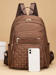 Quilted Zipper Backpack Purse,Classic Studded Decor Daypack,Women's Stylish Preppy School Bag & Book Bag,School Bag,Portable,Laptop Compartment,Large Capacity,For Teen Girls Women College Students,College,Middle School,High School,Outdoors,Travel,Outings,Elementary School,Office - Brown - View 3