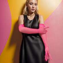 1只長款性感網眼手套，帶有彈性和鑽石，適用於宴會、派對、歌劇、角色扮演、EDM、萬聖節、桿舞和舞蹈表演 - 玫紅色 - 查看 1