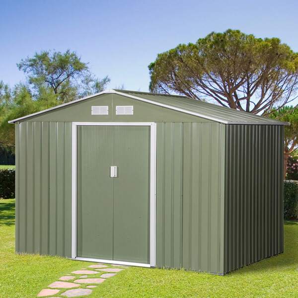 Outsunny Casetta da Giardino con Doppie Porte Scorrevoli in Lamiera di Acciaio, Capanno da Giardino in Acciaio, 277x195x192cm