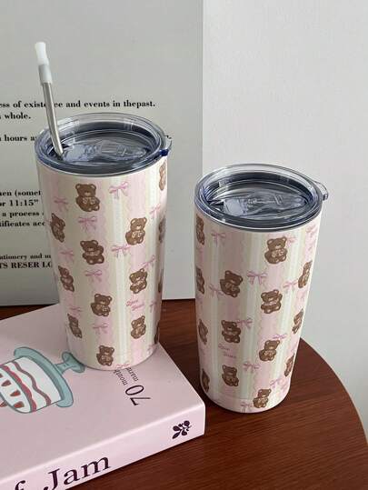 قطعة واحدة كوب معزول مزدوج الجدار من الصلب المقاوم للصدأ سعة 20 أونصة (600 مل) مع فيونكة الدب الأصلية، كوب قهوة ، كوب ماء، كوب سفر، هدية للأعياد والطلاب، جذاب للغاية (بدون قش)