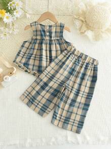 年輕女孩可愛無袖斑紋上衣配流蘇下擺闊腿褲組合 - 藍色 - 查看 2