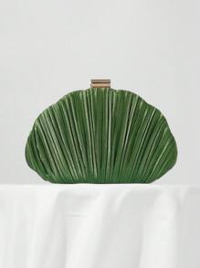 Pleated Satin Box Clutch For Evening Party, Prom, Formal Occasions With Chain Strap, Wedding Bag - Green - View 9