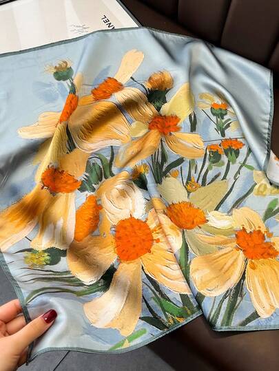 1 Stück 100% Maulbeerseide Gänseblümchen Muster Schal, vielseitiger leichter quadratischer Schal für Frauen, Frühling/Herbst, koreanischer Stil