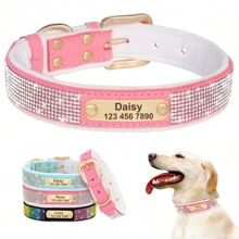 Collar de mascota personalizado de unicolor con strass y peluche, ajustable con placa de identificación, adecuado para perros pequeños y medianos. Ornamental, grabado, de acero inoxidable, con lentejuelas, elegante, sobrio, de moda, lindo, adorable, colorido, único, personalizado, decoración navideña, hallazgos valiosos, placas de identificación personalizadas con nombre/ID de perro, collares de perro personalizados, regalos ideales para él, ella, familia, amigos, amantes de las mascotas, para aniversarios, cumpleaños, Navidad, inauguración de la casa, otoño/invierno.' - Rosa - Ver 1