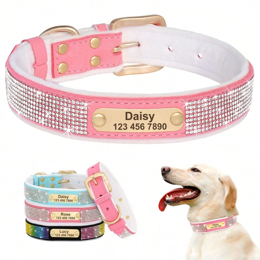 Collar de mascota personalizado de unicolor con strass y peluche, ajustable con placa de identificación, adecuado para perros pequeños y medianos. Ornamental, grabado, de acero inoxidable, con lentejuelas, elegante, sobrio, de moda, lindo, adorable, colorido, único, personalizado, decoración navideña, hallazgos valiosos, placas de identificación personalizadas con nombre/ID de perro, collares de perro personalizados, regalos ideales para él, ella, familia, amigos, amantes de las mascotas, para aniversarios, cumpleaños, Navidad, inauguración de la casa, otoño/invierno.' - Rosa - Ver 1
