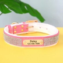 Collar de mascota personalizado de unicolor con strass y peluche, ajustable con placa de identificación, adecuado para perros pequeños y medianos. Ornamental, grabado, de acero inoxidable, con lentejuelas, elegante, sobrio, de moda, lindo, adorable, colorido, único, personalizado, decoración navideña, hallazgos valiosos, placas de identificación personalizadas con nombre/ID de perro, collares de perro personalizados, regalos ideales para él, ella, familia, amigos, amantes de las mascotas, para aniversarios, cumpleaños, Navidad, inauguración de la casa, otoño/invierno.' - Rosa - Ver 6